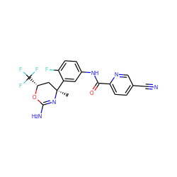 C[C@@]1(c2cc(NC(=O)c3ccc(C#N)cn3)ccc2F)C[C@@H](C(F)(F)F)OC(N)=N1 ZINC000095604697