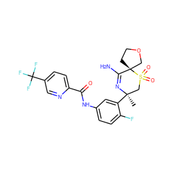 C[C@@]1(c2cc(NC(=O)c3ccc(C(F)(F)F)cn3)ccc2F)CS(=O)(=O)[C@]2(CCOC2)C(N)=N1 ZINC000207738010