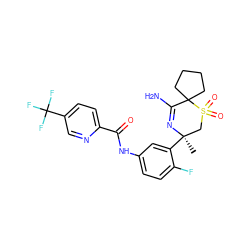 C[C@@]1(c2cc(NC(=O)c3ccc(C(F)(F)F)cn3)ccc2F)CS(=O)(=O)C2(CCCC2)C(N)=N1 ZINC000217745868