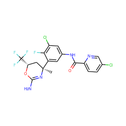 C[C@@]1(c2cc(NC(=O)c3ccc(Cl)cn3)cc(Cl)c2F)C[C@@H](C(F)(F)F)OC(N)=N1 ZINC000223559255