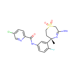 C[C@@]1(c2cc(NC(=O)c3ccc(Cl)cn3)ccc2F)CCS(=O)(=O)CC(N)=N1 ZINC000201827394