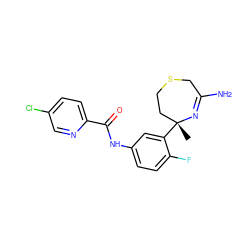 C[C@@]1(c2cc(NC(=O)c3ccc(Cl)cn3)ccc2F)CCSCC(N)=N1 ZINC000201827307