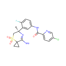 C[C@@]1(c2cc(NC(=O)c3ccc(Cl)cn3)ccc2F)CS(=O)(=O)C2(CC2)C(N)=N1 ZINC000207717056