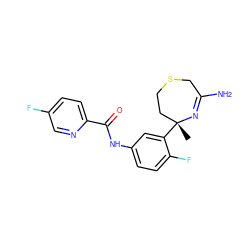 C[C@@]1(c2cc(NC(=O)c3ccc(F)cn3)ccc2F)CCSCC(N)=N1 ZINC000201827348