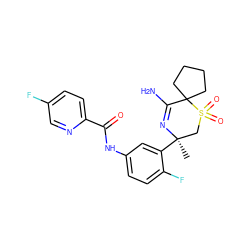 C[C@@]1(c2cc(NC(=O)c3ccc(F)cn3)ccc2F)CS(=O)(=O)C2(CCCC2)C(N)=N1 ZINC000217746192