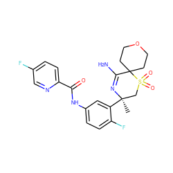 C[C@@]1(c2cc(NC(=O)c3ccc(F)cn3)ccc2F)CS(=O)(=O)C2(CCOCC2)C(N)=N1 ZINC000217744286