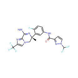 C[C@@]1(c2cc(NC(=O)c3ccn(C(F)F)n3)ccc2F)Cn2cc(C(F)(F)F)nc2C(N)=N1 ZINC000095579992