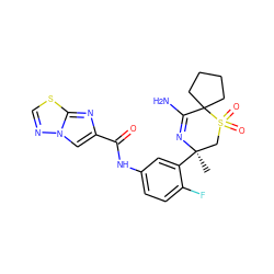 C[C@@]1(c2cc(NC(=O)c3cn4ncsc4n3)ccc2F)CS(=O)(=O)C2(CCCC2)C(N)=N1 ZINC000207721759