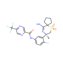 C[C@@]1(c2cc(NC(=O)c3cnc(C(F)(F)F)cn3)ccc2F)CS(=O)(=O)C2(CCCC2)C(N)=N1 ZINC000207721635