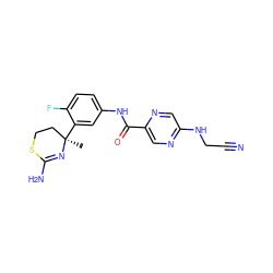 C[C@@]1(c2cc(NC(=O)c3cnc(NCC#N)cn3)ccc2F)CCSC(N)=N1 ZINC000169694353