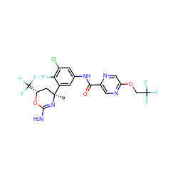 C[C@@]1(c2cc(NC(=O)c3cnc(OCC(F)(F)F)cn3)cc(Cl)c2F)C[C@@H](C(F)(F)F)OC(N)=N1 ZINC000223539440