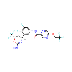 C[C@@]1(c2cc(NC(=O)c3cnc(OCC(F)(F)F)cn3)cc(F)c2F)C[C@@H](C(F)(F)F)OC(N)=N1 ZINC000223526830