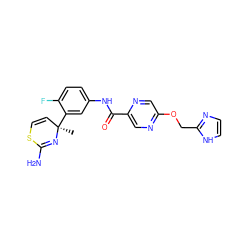 C[C@@]1(c2cc(NC(=O)c3cnc(OCc4ncc[nH]4)cn3)ccc2F)C=CSC(N)=N1 ZINC000147121526