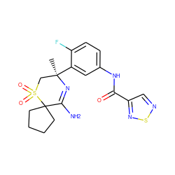 C[C@@]1(c2cc(NC(=O)c3cnsn3)ccc2F)CS(=O)(=O)C2(CCCC2)C(N)=N1 ZINC000207724059