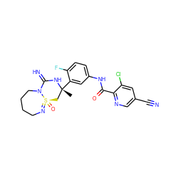 C[C@@]1(c2cc(NC(=O)c3ncc(C#N)cc3Cl)ccc2F)C[S@@]2(=O)=NCCCCN2C(=N)N1 ZINC000653794107