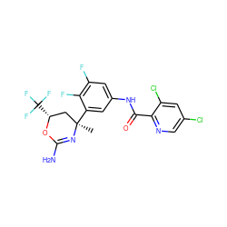 C[C@@]1(c2cc(NC(=O)c3ncc(Cl)cc3Cl)cc(F)c2F)C[C@@H](C(F)(F)F)OC(N)=N1 ZINC000223542835