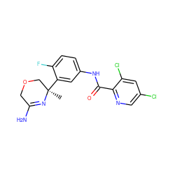 C[C@@]1(c2cc(NC(=O)c3ncc(Cl)cc3Cl)ccc2F)COCC(N)=N1 ZINC000068248427