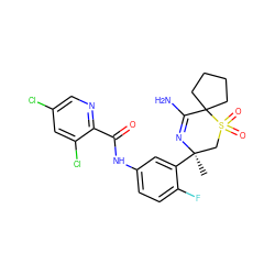 C[C@@]1(c2cc(NC(=O)c3ncc(Cl)cc3Cl)ccc2F)CS(=O)(=O)C2(CCCC2)C(N)=N1 ZINC000207721697