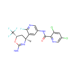 C[C@@]1(c2cc(NC(=O)c3ncc(Cl)cc3Cl)cnc2F)C[C@@H](C(F)(F)F)OC(N)=N1 ZINC000221097984