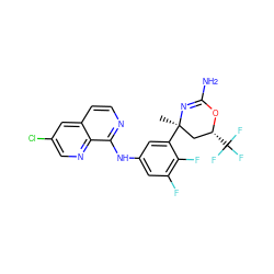 C[C@@]1(c2cc(Nc3nccc4cc(Cl)cnc34)cc(F)c2F)C[C@@H](C(F)(F)F)OC(N)=N1 ZINC000218674763