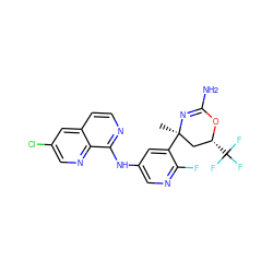 C[C@@]1(c2cc(Nc3nccc4cc(Cl)cnc34)cnc2F)C[C@@H](C(F)(F)F)OC(N)=N1 ZINC000221070932