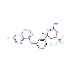 C[C@@]1(c2cc(Nc3ncnc4cc(Cl)cnc34)cnc2F)C[C@@H](C(F)(F)F)OC(N)=N1 ZINC000221043916