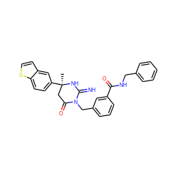 C[C@@]1(c2ccc3sccc3c2)CC(=O)N(Cc2cccc(C(=O)NCc3ccccc3)c2)C(=N)N1 ZINC000143649506