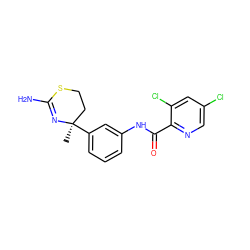 C[C@@]1(c2cccc(NC(=O)c3ncc(Cl)cc3Cl)c2)CCSC(N)=N1 ZINC000169687399