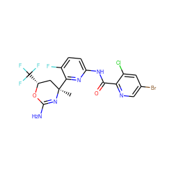 C[C@@]1(c2nc(NC(=O)c3ncc(Br)cc3Cl)ccc2F)C[C@@H](C(F)(F)F)OC(N)=N1 ZINC000223527424