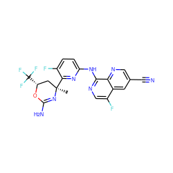 C[C@@]1(c2nc(Nc3ncc(F)c4cc(C#N)cnc34)ccc2F)C[C@@H](C(F)(F)F)OC(N)=N1 ZINC000221043540