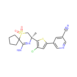 C[C@@]1(c2sc(-c3cncc(C#N)c3)cc2Cl)CS(=O)(=O)C2(CCCC2)C(N)=N1 ZINC000207728656