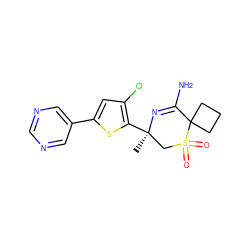 C[C@@]1(c2sc(-c3cncnc3)cc2Cl)CS(=O)(=O)C2(CCC2)C(N)=N1 ZINC000207734895