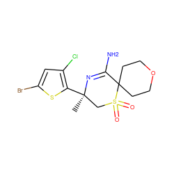 C[C@@]1(c2sc(Br)cc2Cl)CS(=O)(=O)C2(CCOCC2)C(N)=N1 ZINC000217745444