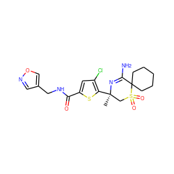 C[C@@]1(c2sc(C(=O)NCc3cnoc3)cc2Cl)CS(=O)(=O)C2(CCCCC2)C(N)=N1 ZINC000207747300