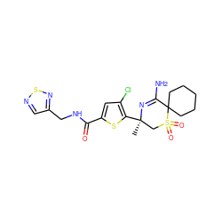 C[C@@]1(c2sc(C(=O)NCc3cnsn3)cc2Cl)CS(=O)(=O)C2(CCCCC2)C(N)=N1 ZINC000217747485