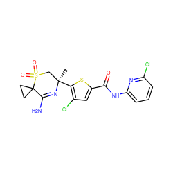 C[C@@]1(c2sc(C(=O)Nc3cccc(Cl)n3)cc2Cl)CS(=O)(=O)C2(CC2)C(N)=N1 ZINC000217748101