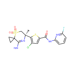 C[C@@]1(c2sc(C(=O)Nc3cccc(F)n3)cc2Cl)CS(=O)(=O)C2(CC2)C(N)=N1 ZINC000217747745