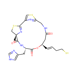 C[C@@]12CSC(=N1)c1csc(n1)CNC(=O)C[C@@H](/C=C/CCS)OC(=O)[C@H](Cc1c[nH]cn1)NC2=O ZINC000299824342