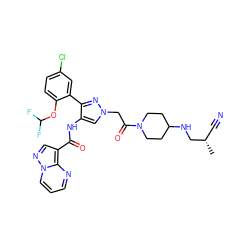 C[C@@H](C#N)CNC1CCN(C(=O)Cn2cc(NC(=O)c3cnn4cccnc34)c(-c3cc(Cl)ccc3OC(F)F)n2)CC1 ZINC001772654712