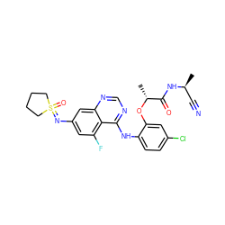 C[C@@H](C#N)NC(=O)[C@@H](C)Oc1cc(Cl)ccc1Nc1ncnc2cc(N=S3(=O)CCCC3)cc(F)c12 ZINC001772613003