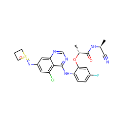 C[C@@H](C#N)NC(=O)[C@@H](C)Oc1cc(F)ccc1Nc1ncnc2cc(N=S3(=O)CCC3)cc(Cl)c12 ZINC001772571602