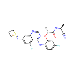 C[C@@H](C#N)NC(=O)[C@@H](C)Oc1cc(F)ccc1Nc1ncnc2cc(N=S3(=O)CCC3)cc(F)c12 ZINC000220955668