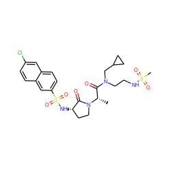 C[C@@H](C(=O)N(CCNS(C)(=O)=O)CC1CC1)N1CC[C@H](NS(=O)(=O)c2ccc3cc(Cl)ccc3c2)C1=O ZINC000014950031