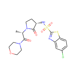 C[C@@H](C(=O)N1CCOCC1)N1CC[C@H](NS(=O)(=O)c2nc3cc(Cl)ccc3s2)C1=O ZINC000014950097