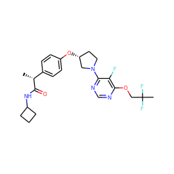 C[C@@H](C(=O)NC1CCC1)c1ccc(O[C@@H]2CCN(c3ncnc(OCC(C)(F)F)c3F)C2)cc1 ZINC001772618591