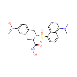 C[C@@H](C(=O)NO)N(Cc1ccc([N+](=O)[O-])cc1)S(=O)(=O)c1cccc2c(N(C)C)cccc12 ZINC000013840113