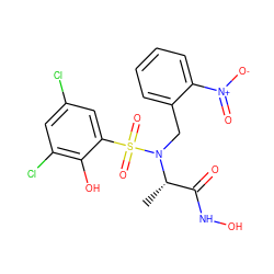 C[C@@H](C(=O)NO)N(Cc1ccccc1[N+](=O)[O-])S(=O)(=O)c1cc(Cl)cc(Cl)c1O ZINC000013863171