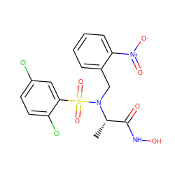 C[C@@H](C(=O)NO)N(Cc1ccccc1[N+](=O)[O-])S(=O)(=O)c1cc(Cl)ccc1Cl ZINC000013863168