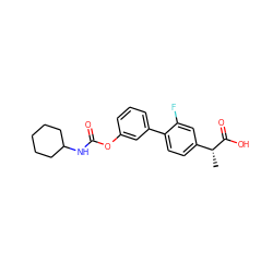 C[C@@H](C(=O)O)c1ccc(-c2cccc(OC(=O)NC3CCCCC3)c2)c(F)c1 ZINC000143829313