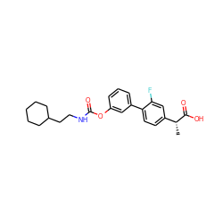 C[C@@H](C(=O)O)c1ccc(-c2cccc(OC(=O)NCCC3CCCCC3)c2)c(F)c1 ZINC000143806972